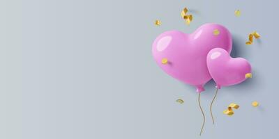 February 14 background with pastel pink 3D heart balloons, golden confetti and copy space. Realistic three dimensional Valentine's Day design for party banners and invitations. Vector illustration.