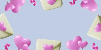 Valentine's Day background with 3D realistic envelopes, hearts and copy space. Vector illustration.