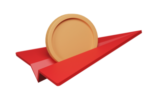 3D render, Paper Airplane send coin icon isolated on transparent background. png