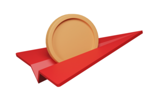 3D render, Paper Airplane send coin icon isolated on transparent background. png