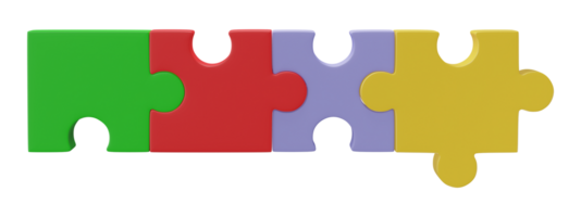 3D jigsaw puzzle pieces isolated on transparent background. Problem-solving, business connecting, cooperation, partnership concept. png