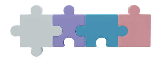 3D jigsaw puzzle pieces isolated on transparent background. Problem-solving, business connecting, cooperation, partnership concept. png