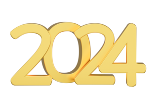 feliz Novo ano inscrição 2024 feriado isolado em transparente fundo. ouro numeral 2024 decoração. 3d render png