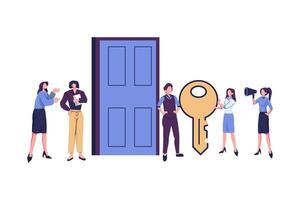 people open the door with a key, lock, making keys urgently flat vector illustration