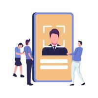 Face recognition, man holds a phone in his hand and use face verivication detector flat vector illustration