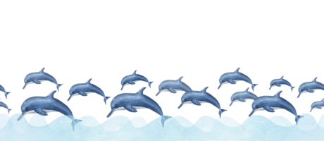 Flock of swimming dolphins in cartoon style with abstract waves. Seamless banner of jumping sea animals. Watercolor illustration with porpoise. For print, wallpaper, banner, wrapping, poster png