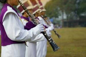 clarinete jugadores en el alto colegio orquesta en púrpura y blanco uniformes jugar hermosamente con otro instrumentos suave y selectivo enfocar. foto