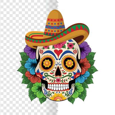 Sugar skull wearing cowboy cap dead skull, isolated on background, mexican skull with flowers design element for logo, emblem, sign, poster, banner