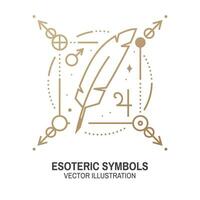 Esoteric symbols. Vector illustration. Thin line geometric badge. Outline icon for alchemy, sacred geometry. Mystic and magic design with feather, stars, planets and moon.