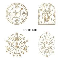 Esoteric symbols. Thin line geometric badge. Outline icon for alchemy, sacred geometry. Mystic, magic design with chemistry flask with crow foot, egyptian god Anubis, unreal geometrical cube vector