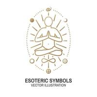 Esoteric symbols. Vector. Thin line geometric badge. Outline icon for alchemy, sacred geometry. Mystic and magic design with bat wing, stars, planets and moon. vector