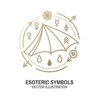 Esoteric symbols. Vector. Thin line geometric badge. Outline icon for alchemy or sacred geometry. Mystic and magic design with bat wing, stars, planets and moon. vector