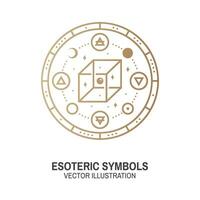 Esoteric symbols. Vector. Thin line geometric badge. Outline icon for alchemy or sacred geometry. Mystic and magic sacred geometry tattoo design with unreal geometrical cube, moon, sun vector