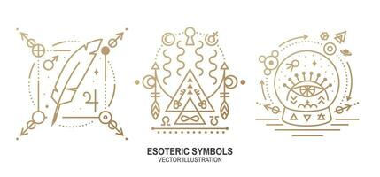 esotérico simbolos vector. Delgado línea geométrico insignia. contorno icono para alquimia o sagrado geometría. místico y magia diseño con pluma, estrellas, planetas, luna, vaso pelota y todo lo ve ojo vector