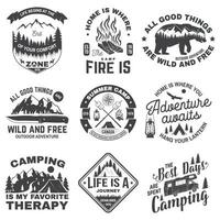 Set of outdoor adventure inspirational quote. Vector. Concept for shirt, logo, print, stamp or tee. Vintage typography design with camper tent, mountain, forest landscape silhouette. vector