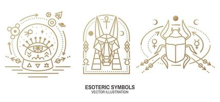 Esoteric symbols. Vector. Thin line geometric badge. Outline icon for alchemy, sacred geometry. Mystic, magic design with scarab beetle, egyptian god Anubis, moon, sun, glass ball, all-seeing eye vector