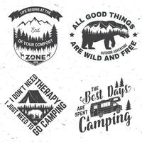 Set of outdoor adventure inspirational quote. Vector. Concept for shirt, logo, print, stamp or tee. Vintage typography design with camper tent, mountain, forest landscape silhouette. vector