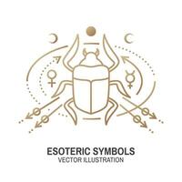 Esoteric symbols. Vector. Thin line geometric badge. Outline icon for alchemy, sacred geometry Mystic and magic design with egyptian scarab beetle, stars,moon, sun, planets and magic sign vector