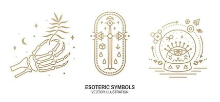 Esoteric symbols. Vector. Thin line geometric badge. Outline icon for alchemy, sacred geometry. Mystic and magic design with human skeleton bone hand, old sword and glass ball and all-seeing eye vector