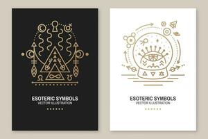 Esoteric symbols poster. Vector. Thin line geometric badge. Outline icon for alchemy, sacred geometry. Mystic, magic design with portal to another world and glass ball with allseeing eye vector