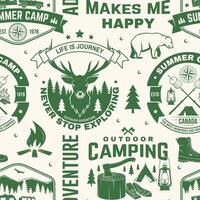 Set of outdoor adventure seamless pattern. Vector. Seamless camping pattern with hiking boots, camping tent, lantern, axe, mountains, bear, deer, forest silhouette. Camping texture vector