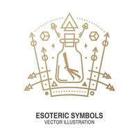 Esoteric symbols. Vector. Thin line geometric badge. Outline icon for alchemy or sacred geometry. Mystic and magic sacred geometry tattoo design with unreal geometrical cube, moon, sun vector