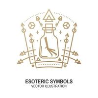 Esoteric symbols. Vector. Thin line geometric badge. Outline icon for alchemy or sacred geometry. Mystic and magic sacred geometry tattoo design with unreal geometrical cube, moon, sun vector