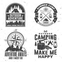 Set of outdoor adventure inspirational quote. Vector. Concept for shirt, logo, print, stamp or tee. Vintage typography design with camper tent, mountain, forest landscape silhouette. vector
