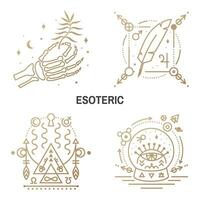 esotérico simbolos vector. Delgado línea geométrico insignia. contorno icono para alquimia o sagrado geometría. místico y magia diseño con pluma, estrellas, planetas, luna, vaso pelota y todo lo ve ojo vector