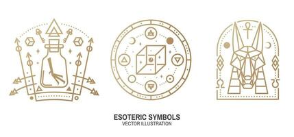 Esoteric symbols. Thin line geometric badge. Outline icon for alchemy, sacred geometry. Mystic, magic design with chemistry flask with crow foot, egyptian god Anubis, unreal geometrical cube vector