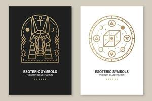 Esoteric symbols. Vector. Thin line geometric badge. Outline icon for alchemy, sacred geometry. Mystic, magic design with egyptian god Anubis, unreal geometrical cube vector