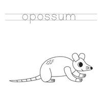 Trace the letters and color cartoon opossum. Handwriting practice for kids. vector