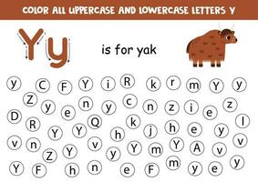 Find and dot all letters Y. Educational worksheet for learning alphabet. Cute yak. vector