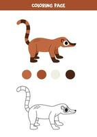 Color cute cartoon brown coati. Worksheet for kids. vector