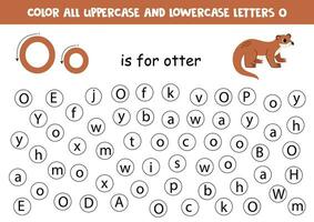 Find and dot all letters O. Educational worksheet for learning alphabet. Cute otter. vector