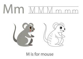 Tracing alphabet letters with cute animals. Color cute mouse. Trace letter M. vector