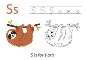 Tracing alphabet letters with cute animals. Color cute sloth. Trace letter S. vector