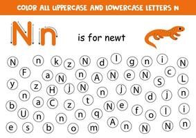 Find and dot all letters N. Educational worksheet for learning alphabet. Cute newt. vector