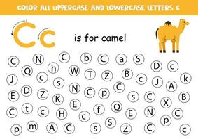 Find and dot all letters C. Educational worksheet for learning alphabet. Cute camel. vector