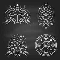 esotérico simbolos vector Delgado línea geométrico Insignia en pizarra contorno icono para alquimia, sagrado geometría. místico, magia diseño con hombre en yoga loto pose, escarabajo escarabajo, coronavirus, cubo