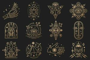 Esoteric symbols. Vector. Mystic or magic design with stars, skull, gate to another world, moon and human skeleton hand vector