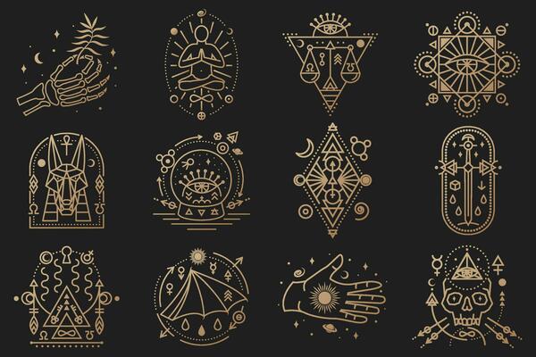 Esoteric symbols. Vector. Mystic or magic design with stars, skull, gate to another world, moon and human skeleton hand