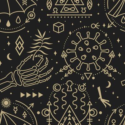 Gold esoteric seamless pattern, background. Vector. Thin line geometric pattern. Outline texture for alchemy or sacred geometry. Mystic and magic seamless pattern
