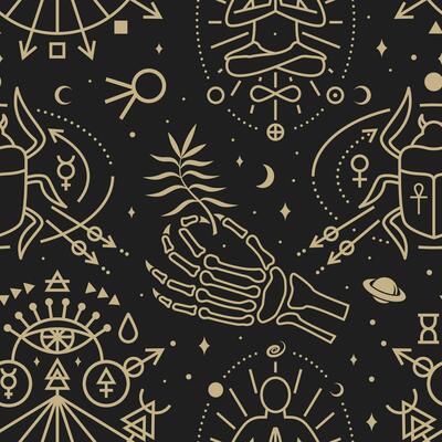 Gold esoteric seamless pattern, background. Vector. Thin line geometric pattern. Outline texture for alchemy or sacred geometry. Mystic and magic seamless pattern