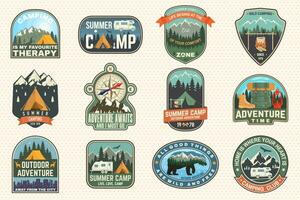 Outdoor adventure patch with quotes. Vector. Concept for shirt, logo, print, stamp or tee. Vintage typography design with hiking boots, elk, bear, tent, forest and mountain landscape silhouette vector