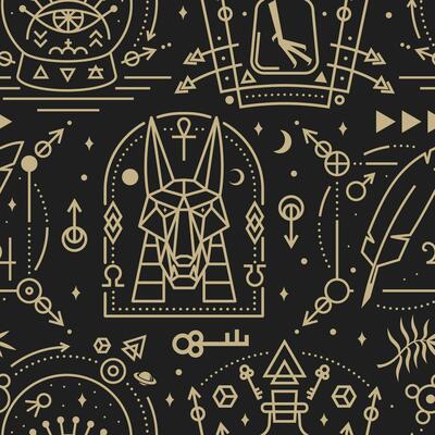 Gold esoteric seamless pattern, background. Vector. Thin line geometric pattern. Outline texture for alchemy or sacred geometry. Mystic and magic seamless pattern