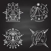 esotérico simbolos vector Delgado línea geométrico Insignia en pizarra contorno icono para alquimia, sagrado geometría. místico, magia diseño con murciélago ala, pluma, estrellas, planetas, portal a otro mundo