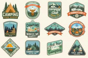 Outdoor adventure patch with quotes. Vector. Concept for shirt, logo, print, stamp or tee. Vintage typography design with camping tent, elk, bear, forest and mountain landscape silhouette vector