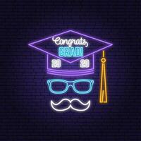 Vector Class of 2020 neon bright signboard, light banner. Vector. Neon typography design with graduation cap and mustache. Template for the graduation party poster, flyer, lighting banner