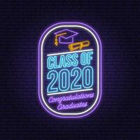 Class of 202 neon bright signboard, light banner. Vector. Template for the graduation party poster, flyer, lighting banner Graduation design with hut and text Class of. vector